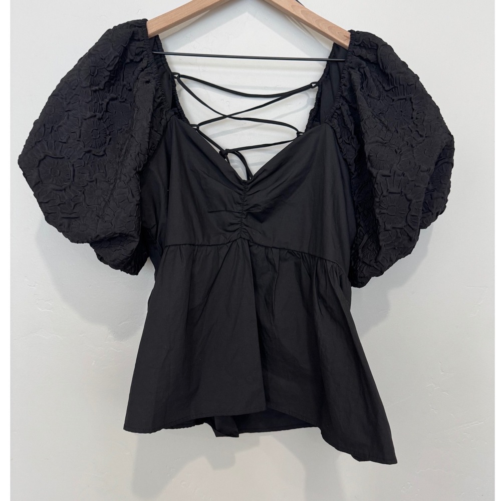 Arula Black Puff Sleeve Lace Up Back Peplum Top Babydoll‎ Cottagecore Whimsigoth